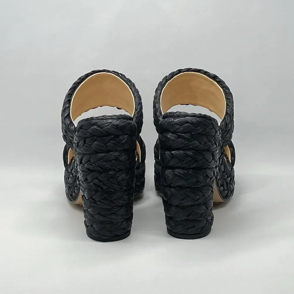Bottega Veneta Trinity Weave Black Raffia Platform Sandals size 38